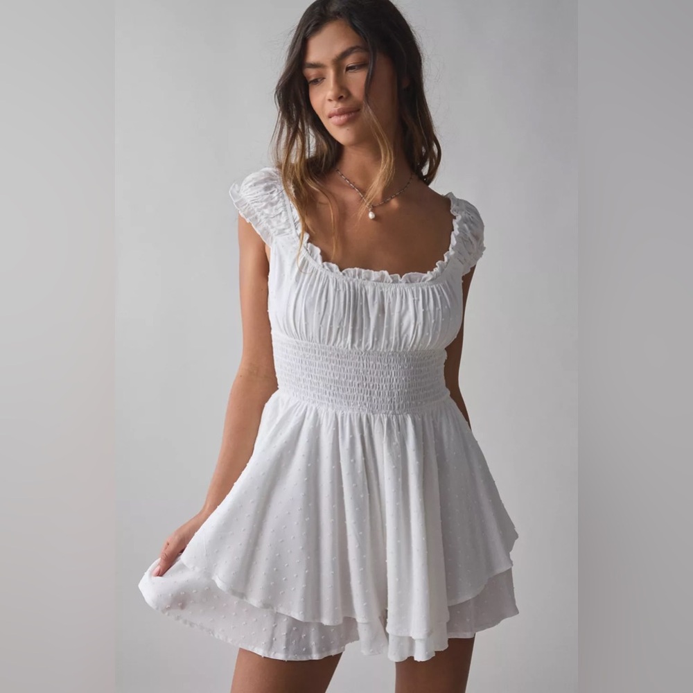 URBAN OUTFITTERS Rosie Smocked Tiered Ruffle Romper In White